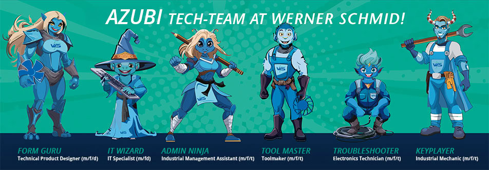 Werner Schmid's Tech-Team Illustration Apprenticeship Program: Six gaming-inspired characters represent various technical apprenticeship trades — product designer, IT specialist, industrial business administrator, toolmaker, electronics technician, and industrial mechanic.