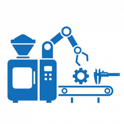 Schematische Darstellung eines automatisierten Spritzgießprozesses: Spritzgießmaschine mit Materialbehälter, Roboterarm zur Teileentnahme und Messschieber zur Qualitätskontrolle