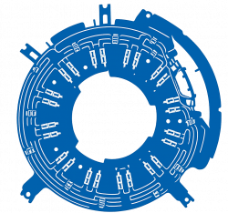Illustration eines komplexen Kunststoffspritzgussteils mit fein strukturierten Funktionsbereichen und integrierten Leitstrukturen.